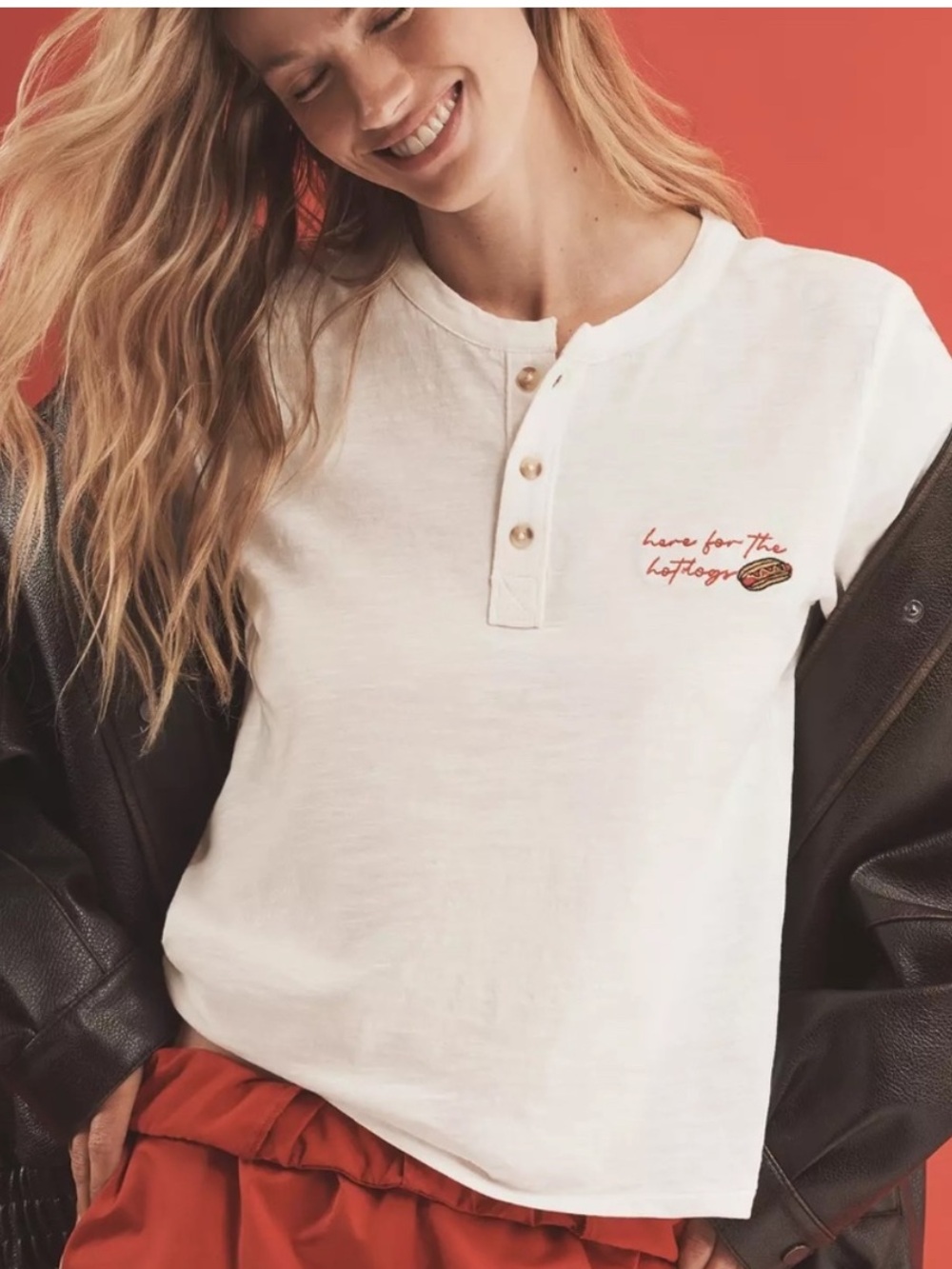 Pilcro Anthropologie Embroidered Icon Henley Tee HERE FOR THE HOTDOGS Size M NWT
